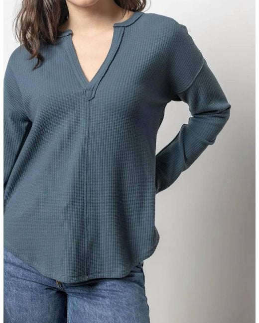 Lilla P Blue Rounded Hem Split Neck Top