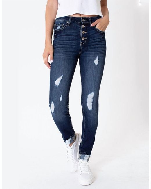 Kancan Blue High Rise 4-Button Super Skinny Distressed Jean