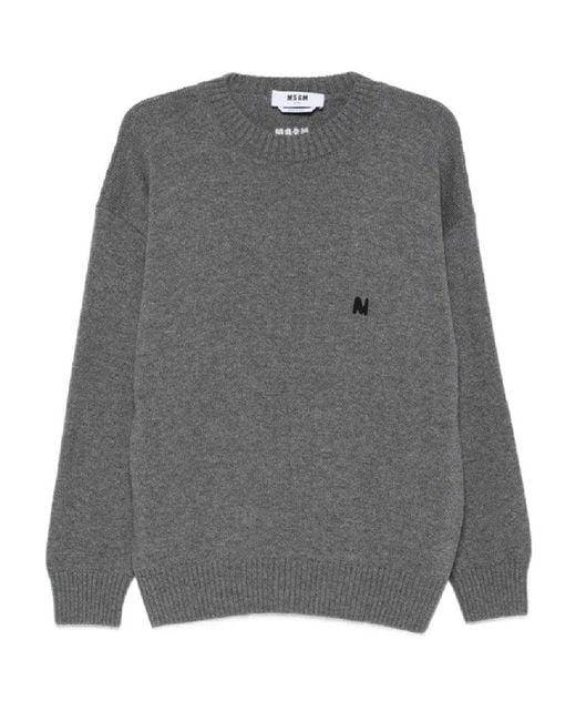 MSGM Gray Relaxed Fit Knit Sweater With Embroidered Logo for men