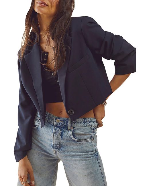 Free People Blue Block Party Cropped Boho One-button Blazer