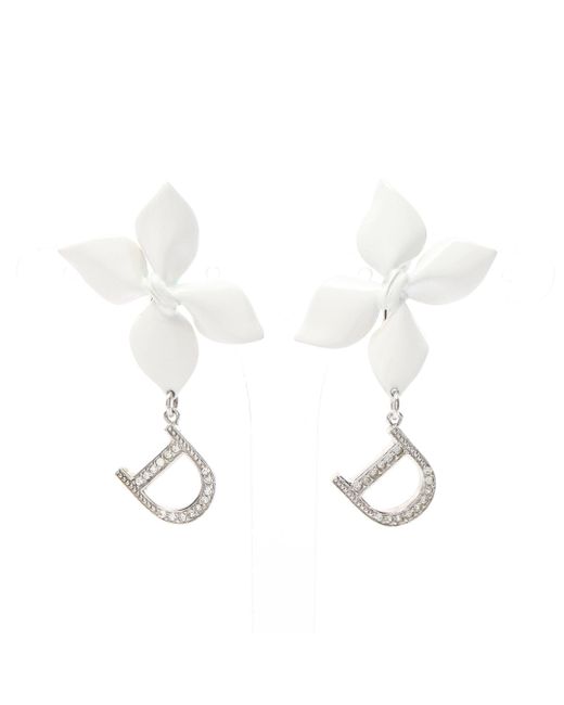Dior White Earrings Flower Motif Rhinestonesilver Clear