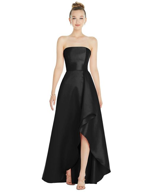 Alfred Sung White Strapless Satin Gown With Draped Front Slit And Pockets