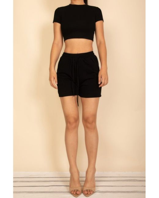 TRUEDAMES Black Fitted Crop Tee & Adjustable Drawstring Shorts Set