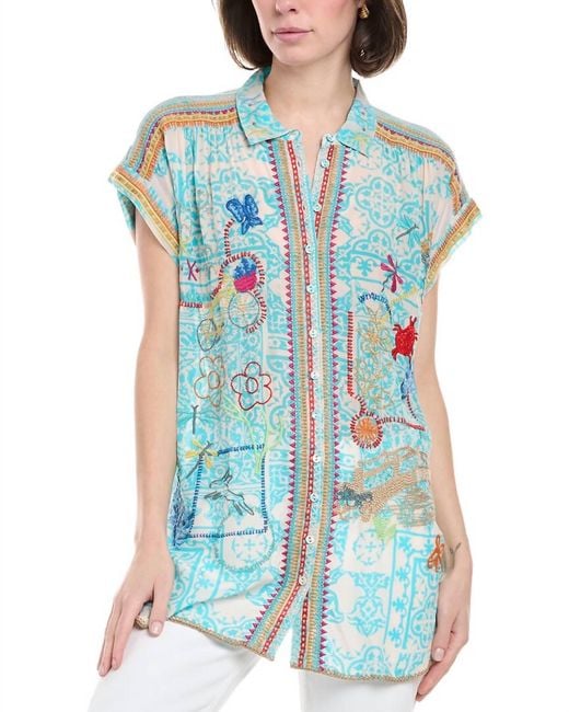 Johnny Was Blue Dionne Button-Down Silk Blouse