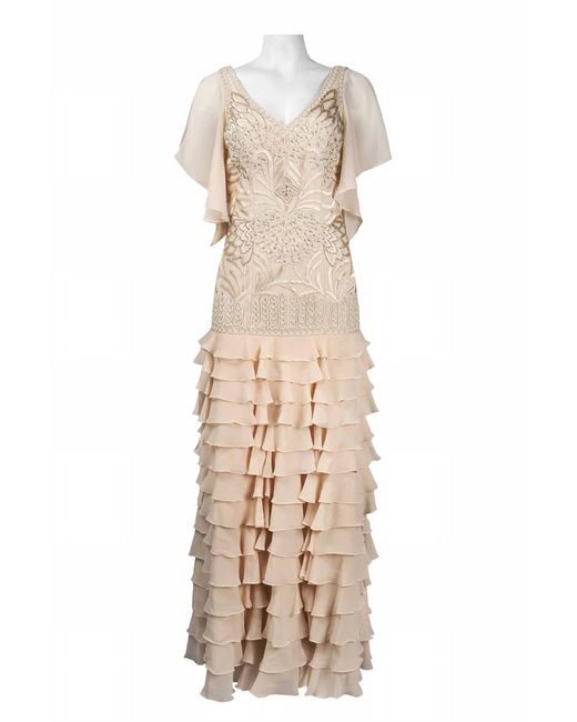 Sue Wong Natural Flutter Sleeve Embroidered Tiered Dress
