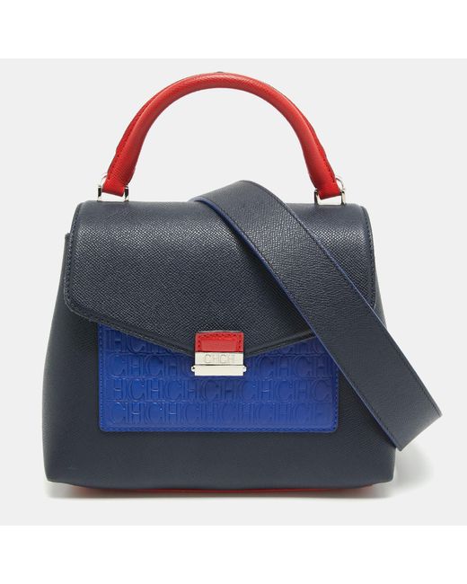 CH by Carolina Herrera Blue Two Tone Monogram Leather Top Handle Bag