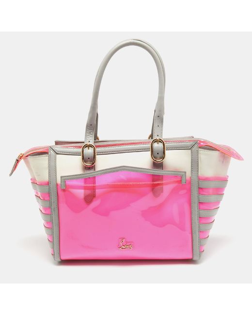 Christian Louboutin Pink /grey Pvc And Leather Stripe Tote