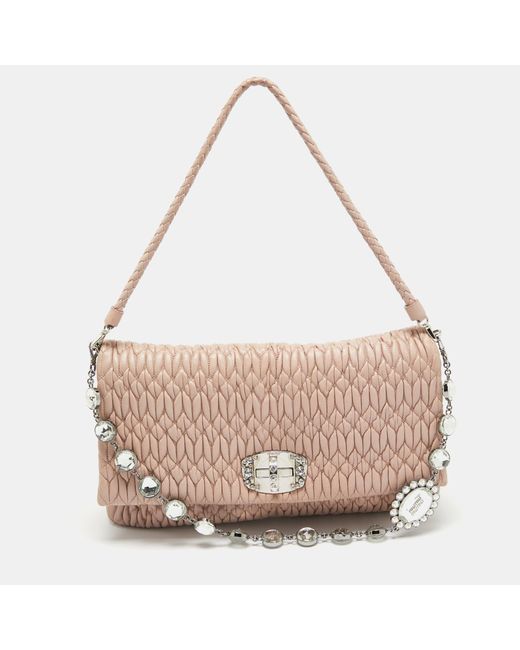 Miu Miu Pink Light Matelassé Leather Crystal Flap Shoulder Bag