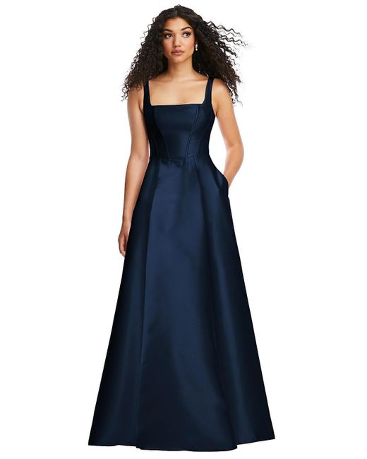 Alfred Sung Blue Boned Corset Closed-back Satin Gown With Full Skirt And Pockets