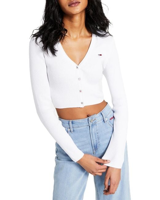 Tommy Hilfiger Cotton Cropped Cardigan Sweater in White | Lyst