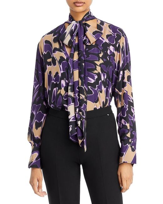 Boss Blue Abstract Print Mock Neck Tie Blouse