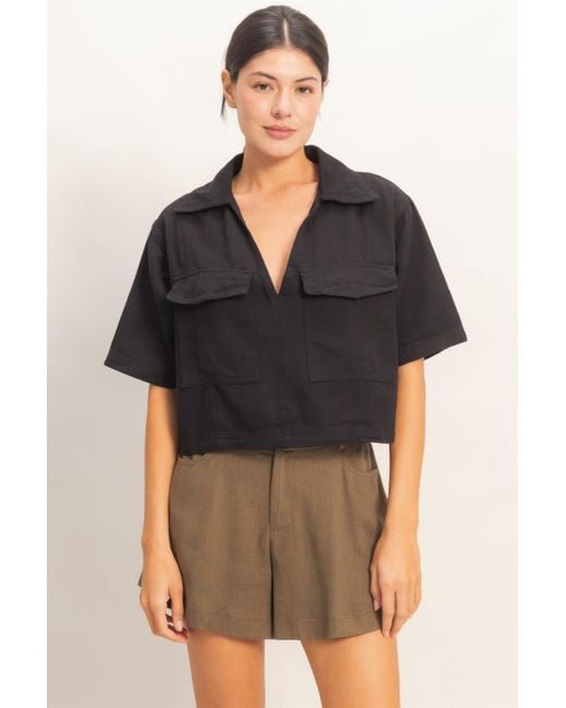 TRUEDAMES Black Collared V-Neck Top