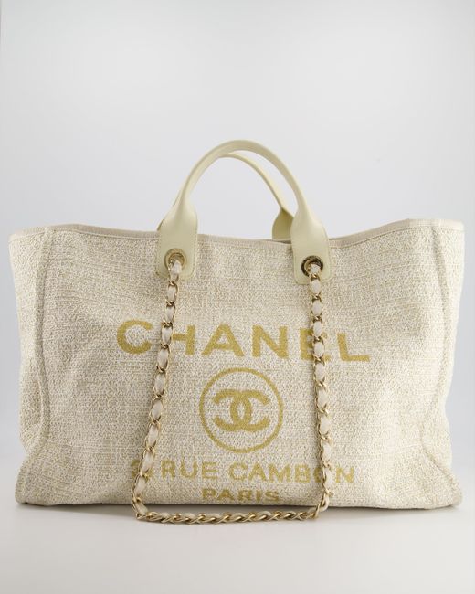 Chanel Natural Cream Tweed Large Deauville Tote Bag With Gold Fabric Detail & Champagne Gold Hardware