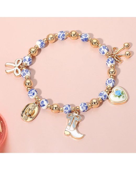 Fashnzfab Pink Enamel Bow Western Cowboy Boot Hat Heart Charm Ceramic Ball Beaded Stretch Bracelet