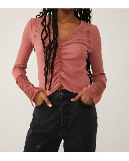 Free People Red Wear Me Out Long Sleeve V-Neck Top