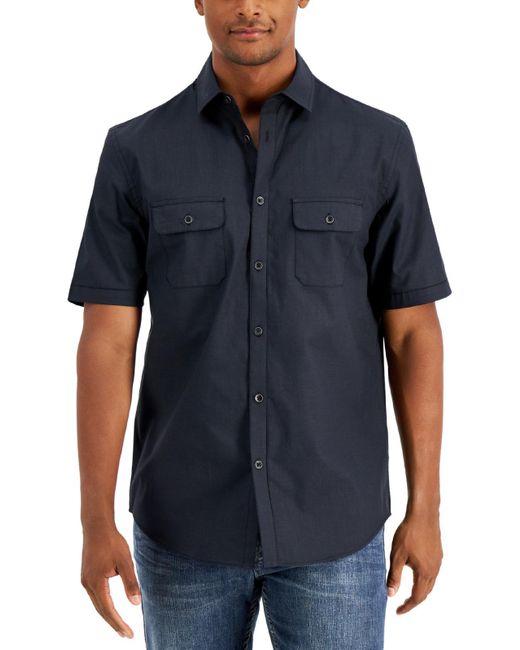 Alfani Solid Short Sleeved Button-down 