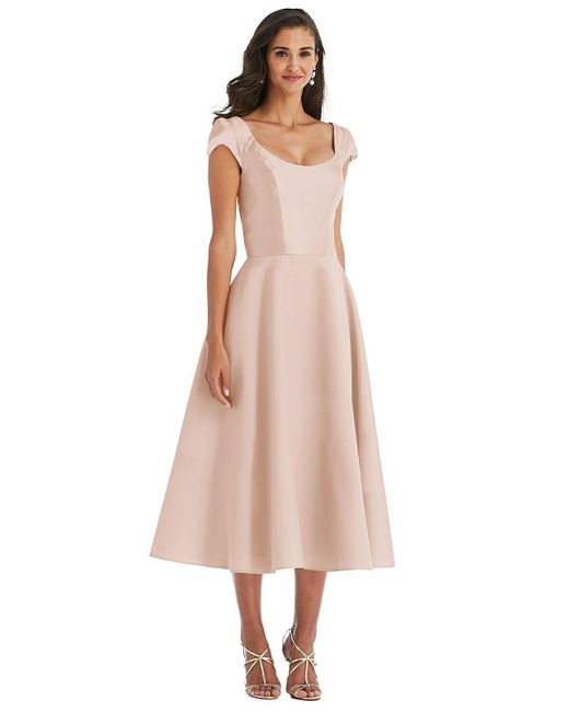 Alfred Sung Pink Puff Cap Sleeve Full Skirt Satin Midi Dress