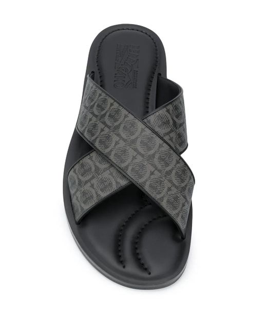 Ferragamo Black Ferragamo Gancini Leather Pool Slides for men