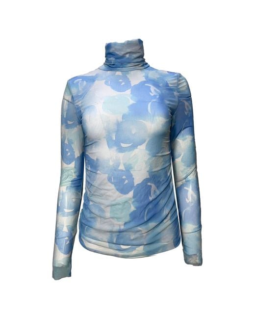 Ganni Printed Turtleneck Long Sleeve Mesh Top in Blue | Lyst