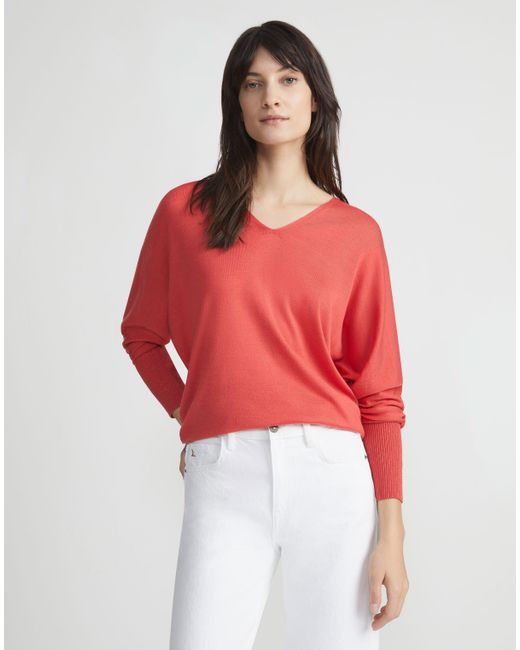 Lafayette 148 New York Red Merino-silk V-neck Dolman Sweater