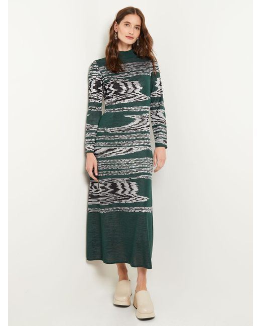 Misook Green Mock Neck Jacquard Knit A-line Maxi Dress