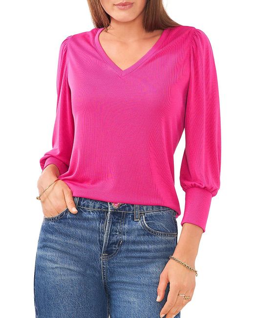 Vince Camuto Pink Ribbed V-neck Pullover Top