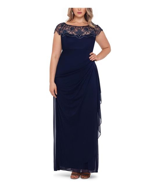 Xscape Blue Plus Embellished Ruched Evening Dress
