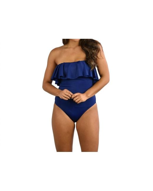 MILLY Blue Solid Ruffle Top One Piece Swimsuit