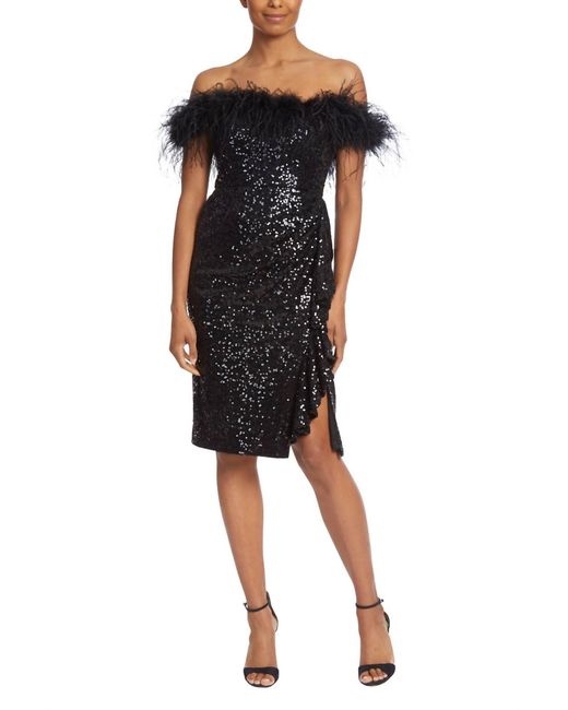 Badgley Mischka Black Feather Sequin Strapless Dress