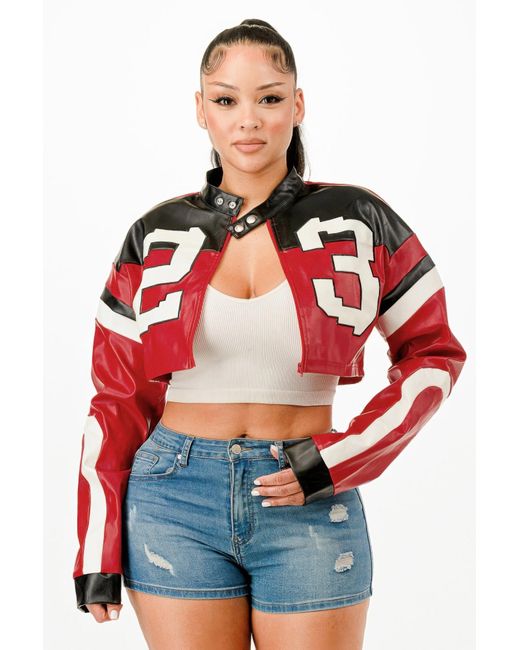 TRUEDAMES Red Cropped Moto Jacket