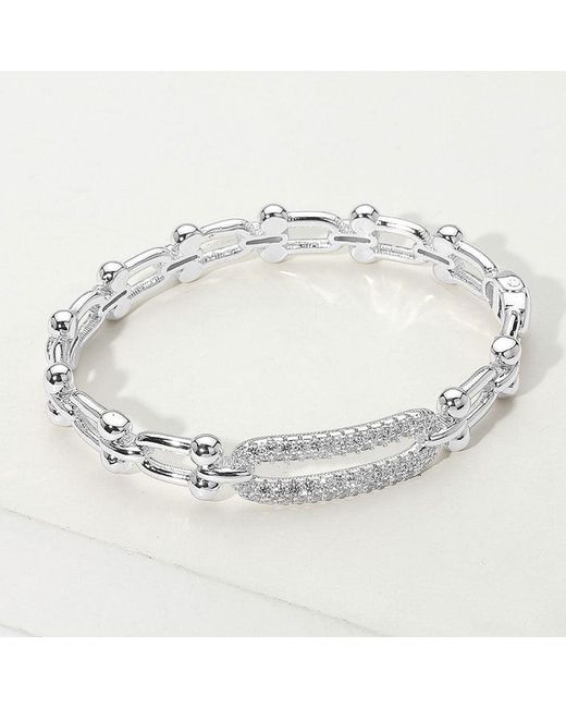 Fashnzfab Metallic Cz Stone Paved Oval Pointed Hardware Hinged Bangle Bracelet Rhodium