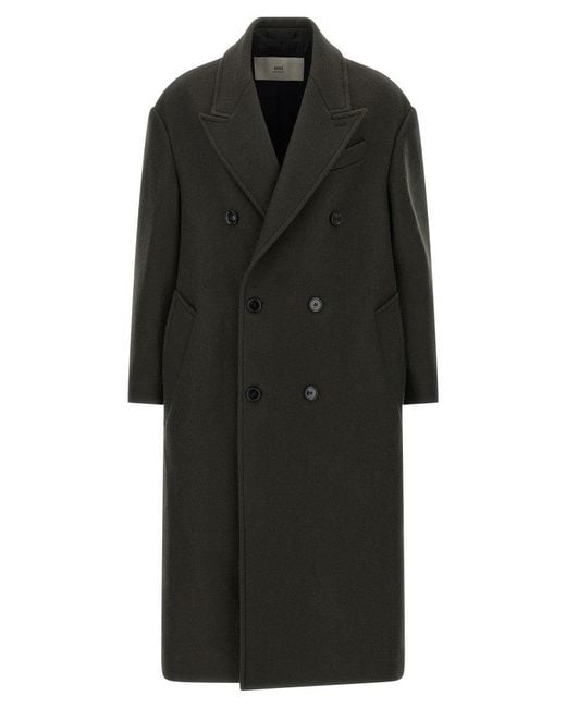 AMI Black Double-Breasted Virgin Wool Coat With Peak Lapels And Tailored Finish for men