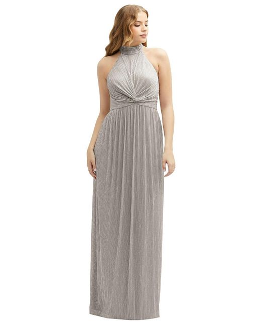 After Six Gray Band Collar Halter Open-back Metallic Pleated Maxi Dress