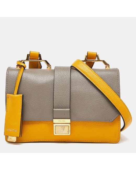 Miu Miu Yellow Mustard/grey Madras Leather Bandoliera Crossbody Bag