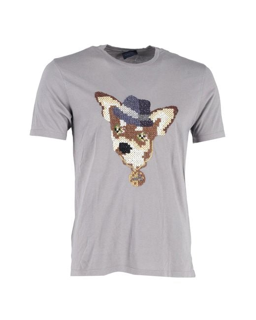 Lanvin Gray Embroidered Dog T-shirt for men