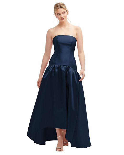 Alfred Sung Blue Strapless Fitted Satin High Low Dress With Shirred Ballgown Skirt