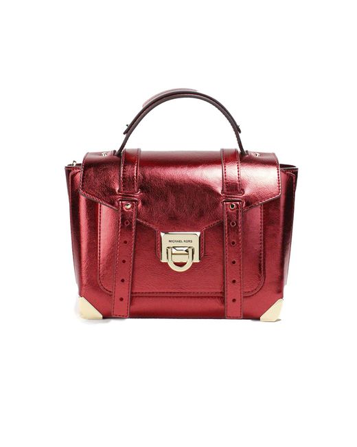 Michael Kors Red Manhattan Medium Crimson Leather Top Handle School Satchel Bag