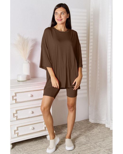 Fashnzfab Brown Full Size Soft Rayon Three-Quarter Sleeve Top And Shorts Set