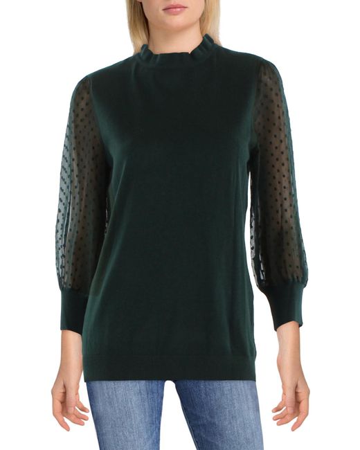 Adrianna Papell Green Clip Dots Sheer Sleeves Pullover Top