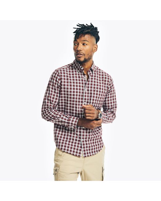 Nautica Brown Wrinkle-resistant Plaid Wear To Work Shirt for men