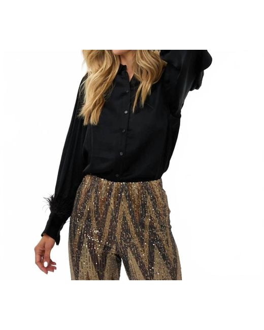EsQualo Black Briet Basic Satin Feathers Blouse