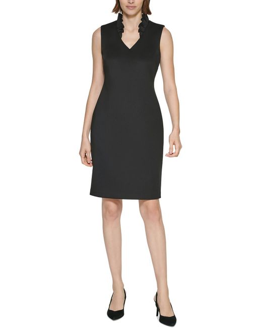 Calvin Klein Black Ruffled V-neck Knee-length Wear To Work Dress