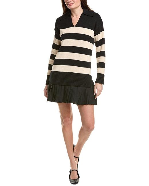 English Factory Black Mixed Media Stripe Pleated Mini Dress