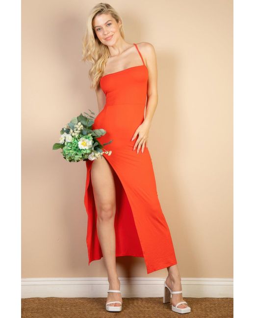 TRUEDAMES Red Solid Cami Maxi Slit Dress
