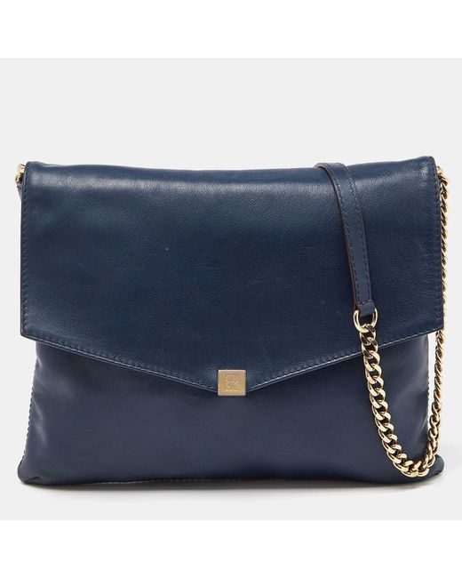 Carolina Herrera Blue Navy Leather Envelope Chain Shoulder Bag