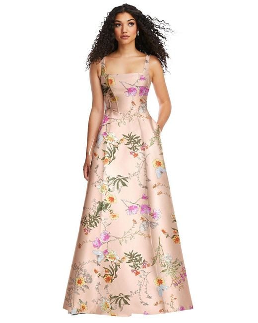 Alfred Sung Pink Boned Corset Closed-back Floral Satin Gown With Full Skirt