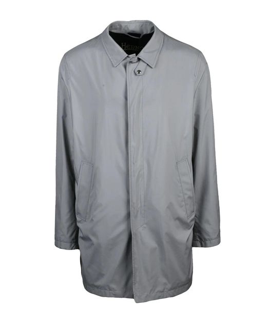 Herno Gray Light Snap-Button Lined Polyester Overcoat for men