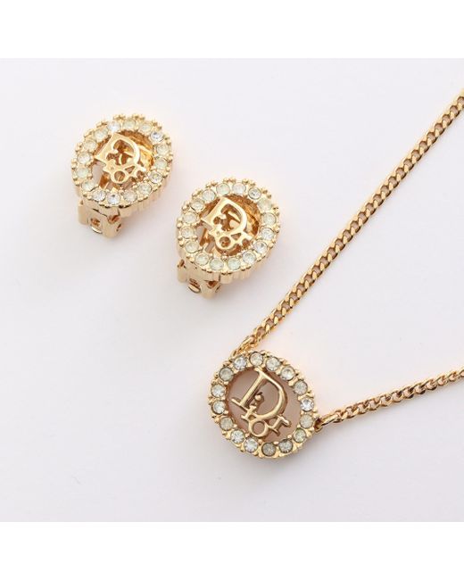 Dior Metallic Dior Logo Earrings Necklace Gp Rhinestone Gold Clear 2 Piece Set