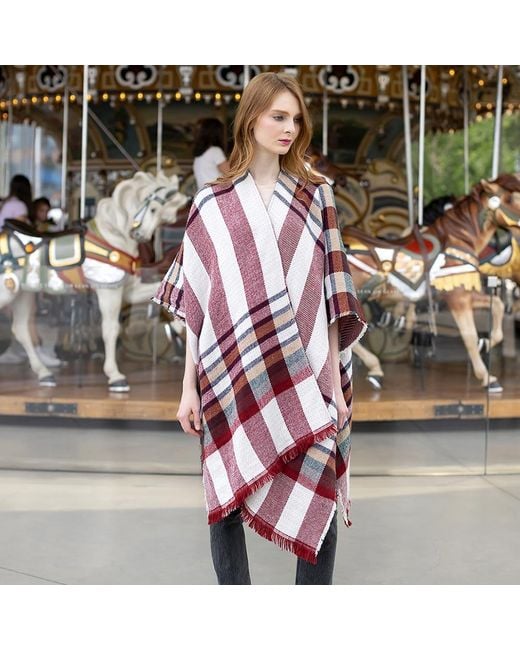 TRUEDAMES Red Reversible Plaid Check Patterned Poncho