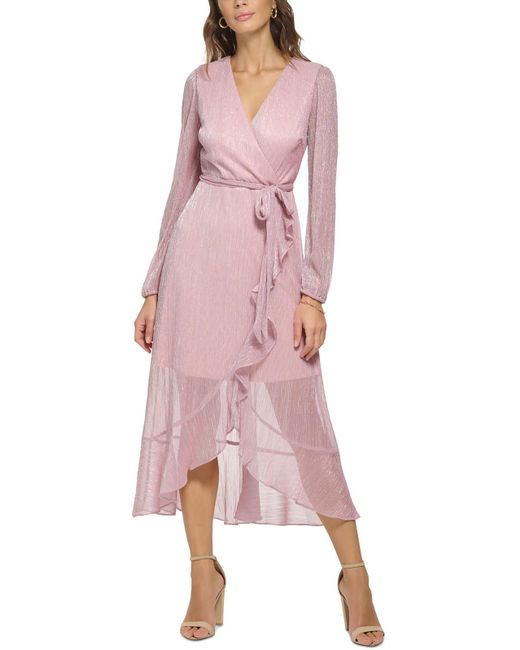 Kensie Pink Faux Wrap Metallic Midi Dress